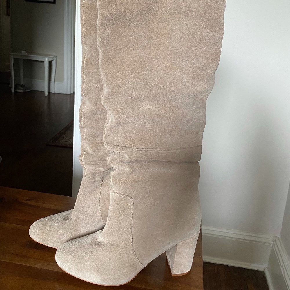 Tan Slouch Block Heel Boots